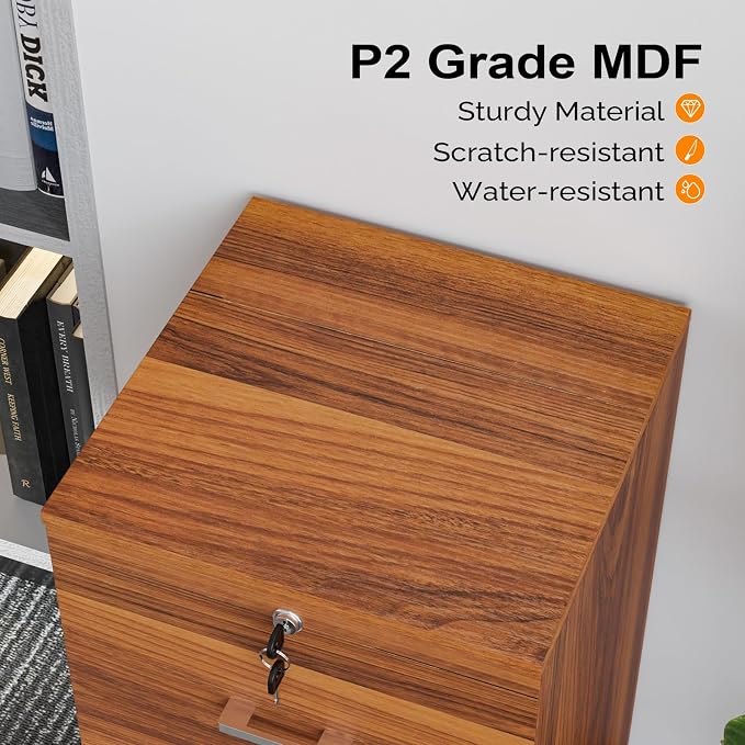VINGLI 2-Drawer Rolling File Cabinet with Lock, Wood Mobile File Organization for Hanging Letter Size Filings Under Desk Filing Cabinets for Home Office, Assembly Required, Classic Walnut, 26.5" H