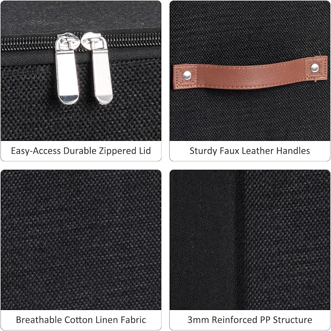 4PCS Storage Cubes with Zippered Lids Fabric Storage Bins Boxes | with 3 PU Leather Handles Cotton Linen Decorative Foldable Washable Lidded Shelf Closet Organizer Container (Black, 11 Inch)