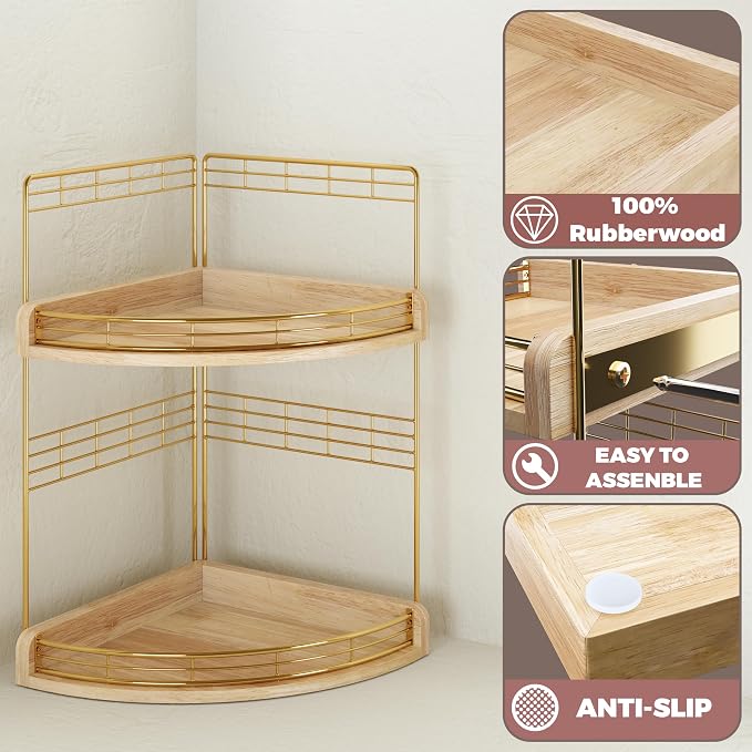 Bathroom Countertop Corner Organizer for Small Spaces, 2-Tier Counter Shelf | Oak Wood & Iron Counter Shelf for Sink & Vanity Corners, Skincare, Toiletries, Space-Saving, Compact Vertical Storage Natural