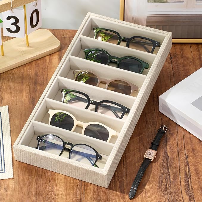 Juexica 4 Pcs Velvet Sunglasses Organizer Tray 6 Grid Sunglass Organizer Velvet Tray Stackable Glasses Display Case for Women Glasses Jewelry Display Watch (Linen)