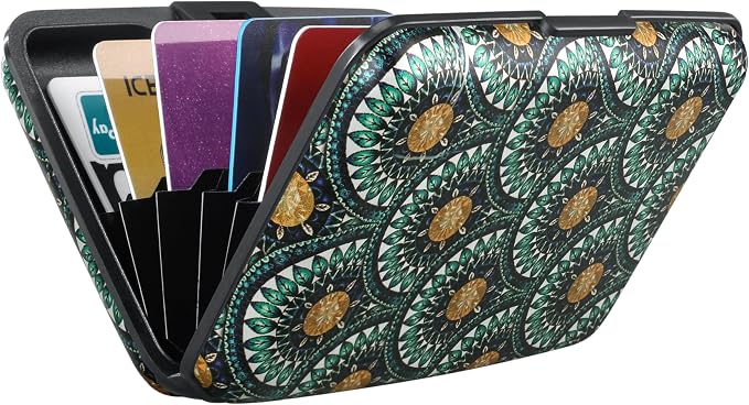ELFISH RFID Blocking Credit Cards Holder Aluminum Wallet Metal ID Case for Men Women(Peacock Feathers)