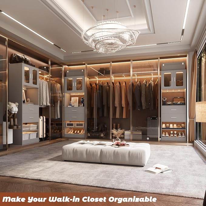 5FT Closet System with Doors and Wooden Drawers, 60'' Reversible Closet Organizer System with Big Wing Shelf and Hanging Rod, 80'' Tall Walk in Wardrobe Closet System with Shelves & Hooks, Grey