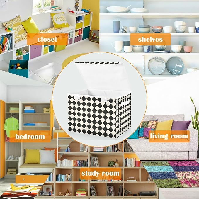 CaTaKu Large Fabric Storage Bins With Lids,Black and White Checkered Storage Boxes With Handles for Organizing Clothes, Collapsible Storage Cube Bins Baskets for Shelves
