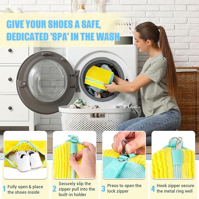 Shoe Washing Machine Bag, 2 PC Reusable XXL Shoes Laundry Bag for Washer & Dryer with Concealed Heavy-Duty Zipper to Protects Shoes & Machine, Cleaning Bag for Sneakers & Tennis Shoe(Yellow)
