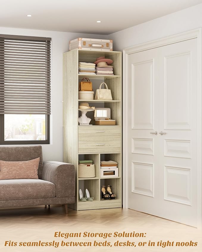 Besiost 18.9" Small Closet System with Drawers, Walk-in Closet Organizer | Small Closet Organizer for Walk in Closet, Bedroom & Nursery, Wardrobe Storage Unit, Greige Oak