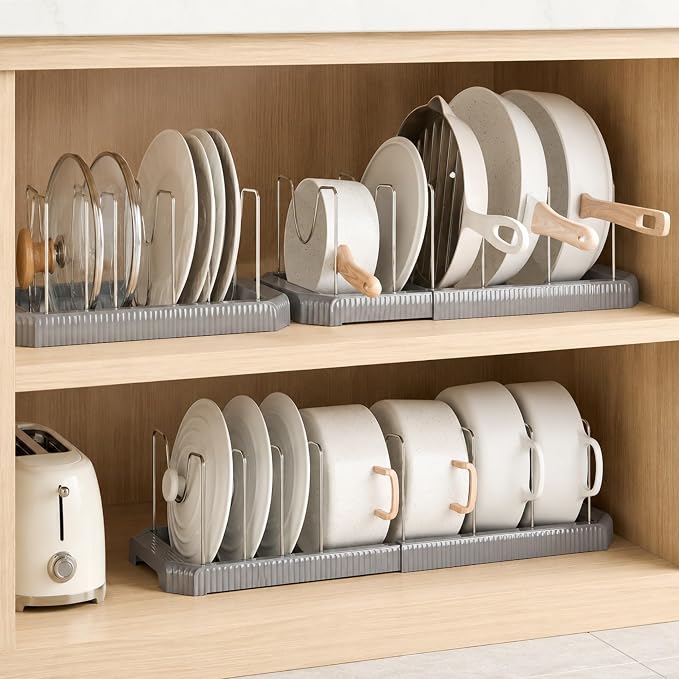 Pots and Pans Organizer Under Cabinet, Adjustable Pot and Pan Organizer Rack, 7 Stainless Steel Dividers, Pot Lid Organizer for Cabinet, Expandable Pan Organizer for Pots, Pans, Lids, Plates Gray