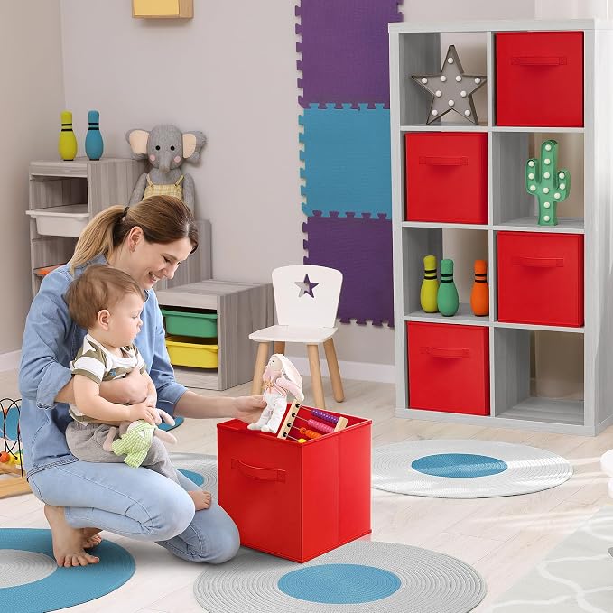 Sorbus Foldable Storage Cubes - 6 Fabric Baskets for Organizing Pantry, Shelf, Toy Box, Cubby, Closet Organizer - 11 Inch Collapsible Closet Organizers and Storage Bins - Red Storage Cubes with Handle