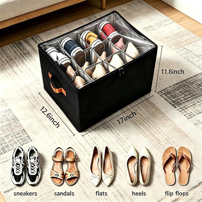 Shoe Organizer for Closet, 2 Pack Foldable Shoe Storage Containers, Fits up to 16-32 Pairs, Shoe Storage Organizer Box Cubby Baskets Bins with Clear Cover and Reinforced Handles, Black