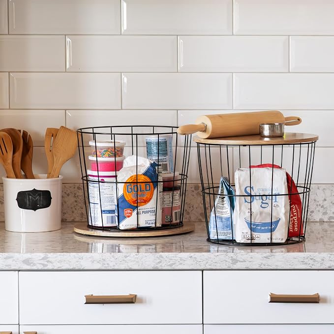 IRIS USA Round Wire Basket with Wooden Lid, 2 Pack | Living Room Bathroom Kitchen Storage, Water Resistant Surface
