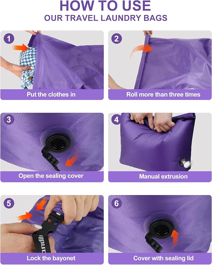 Travel Compression Laundry Bag for Dirty Clothes, Pump-Free Vacuum Space Saver Bag, Reusable Waterproof Wet Dry Bag, Travel Laundry Bag for Luggage, Packing, Suitcase (1 Pcs)（Purple, L)