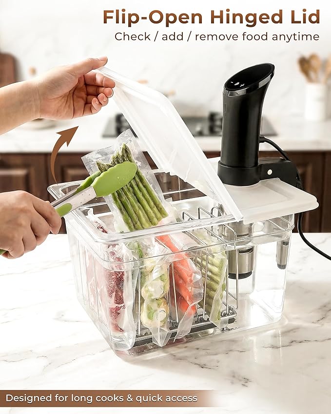 EVERIE 12 Quart Sous Vide Container with Collapsible Hinged Lid + Wobble-Free Stainless Steel Rack Divider + Insulating Neoprene Sleeve — NSF Approved Container, BPA-Free Lid, Fits Anova & Instant Pot