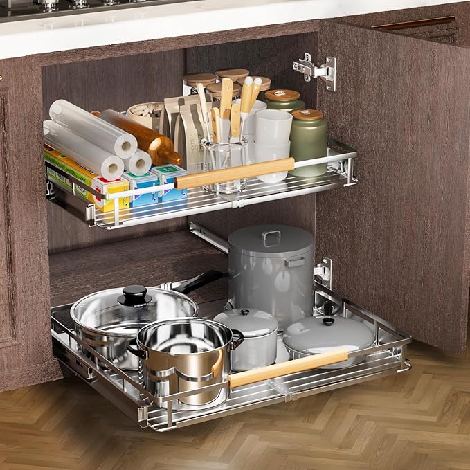 1 Pack Expandable Pull Out Cabinet Organizer，Side Mounting 23.2~39.99"x22.5"Cabinet Pull Out Shelves, Expandable Slide Out Spice Rack for Kitchen Bathroom Office