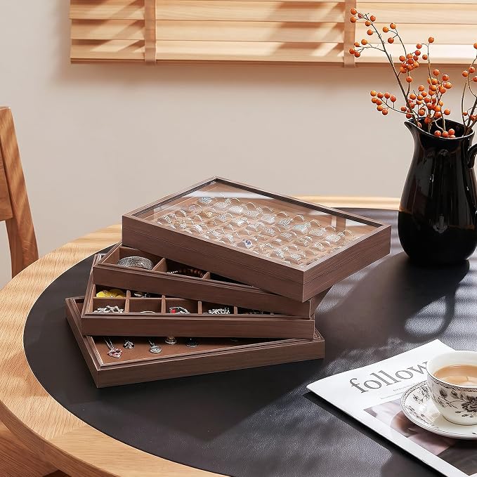 Wood Jewelry Organizer Tray, 5-Piece Set (Brown, 5Pc) | 5 Piece Jewelry Organizer Set, Large Capacity Storage, Glass Top Ring Necklace Display, Versatile Tray