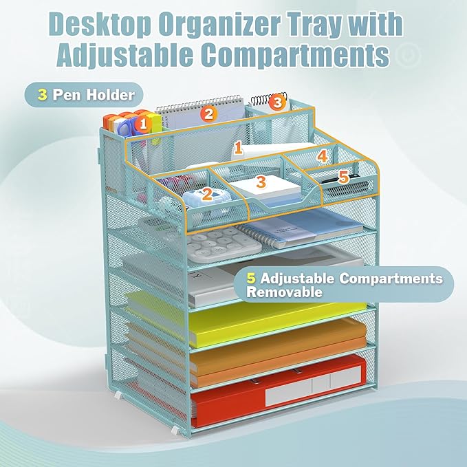 Docnest 6 Tier Mesh Desk Organizer for Paper Office Supplies – Multi-Functional Letter Tray with 5 Adjustable Compartments, 7 Pen Holders, Desktop Storage for Files, Mail, Stationery – Blue