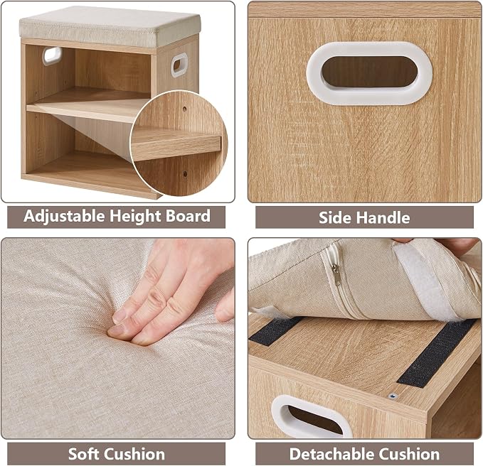 YMYNY Small Shoe Storage Bench with Cushion, Light Natural, HBD028R | 2 Tier Entryway Bench with Storage, Small Shoe Rack Bench with Adjustable Shelf for Entryway 11 x 15.3 x 16.5 Inches