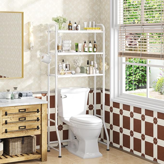 Simple Trending Expandable Over The Toilet Storage Rack, Metal 3 Tier Bathroom Organizer Shelf with Paper Holder and 3 Hooks, White