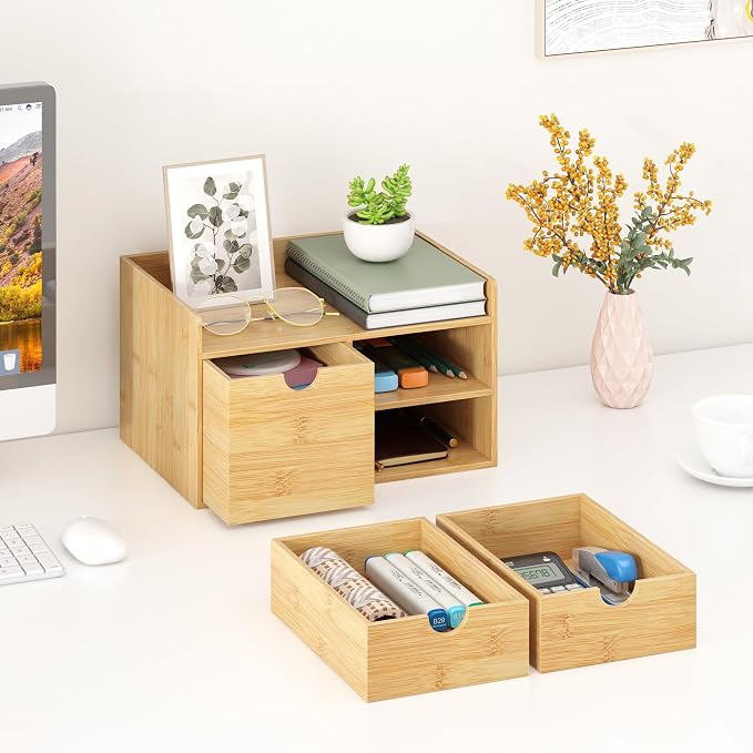 Bamboo Desk Organizer with Drawers, Desktop Storage for Office Supplies | 3 Drawers Desktop organizer, No Assembly Required, Natural Wood Wooden Desktop Drawers Box for Bills, Cosmetics, Seals, Paper