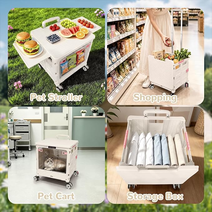 FELICON SELORSS Folding Utility Cart Portable Rolling Crate Handcart-Gray | Magnetic Sliding Lid+Lockable Transparent Front Panel,Telescoping Handle,4 Swivel Wheels Tote for Travel Shop Office Teacher