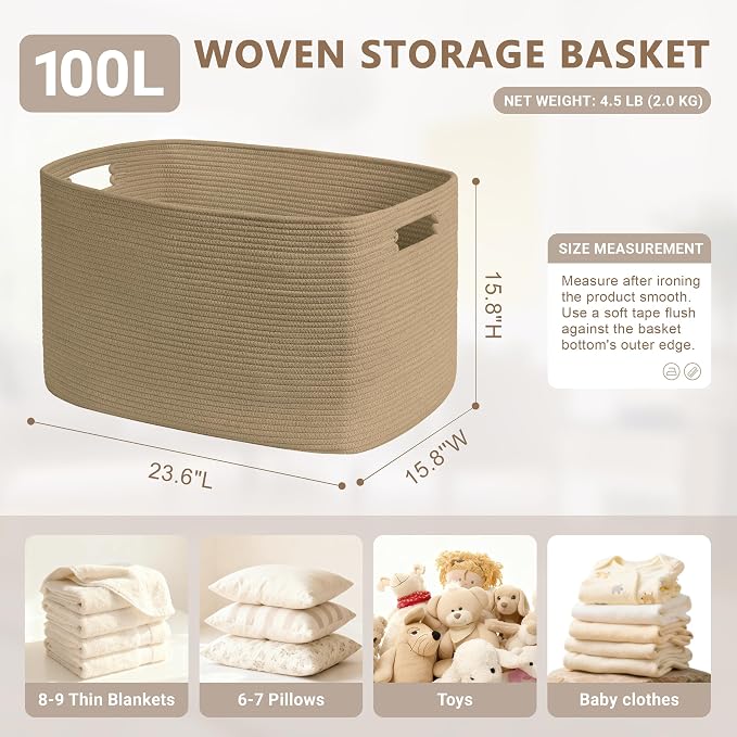 100L Extra Large Woven Laundry Basket Hamper with Handles, Jute | 24"x16"x16", collapsible wicker hamper, storage for dirty clothes, toys, blankets, gifts, living room, bedroom, bathroom