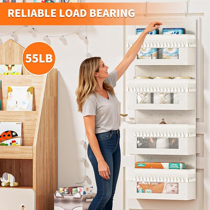Aokeyee 4 Tier Over Door Organizer Nursery with Tassels and Clear Window | 55lb Boho Door Organizer Hanging, Behind the Door Storage for Bedroom Bathroom