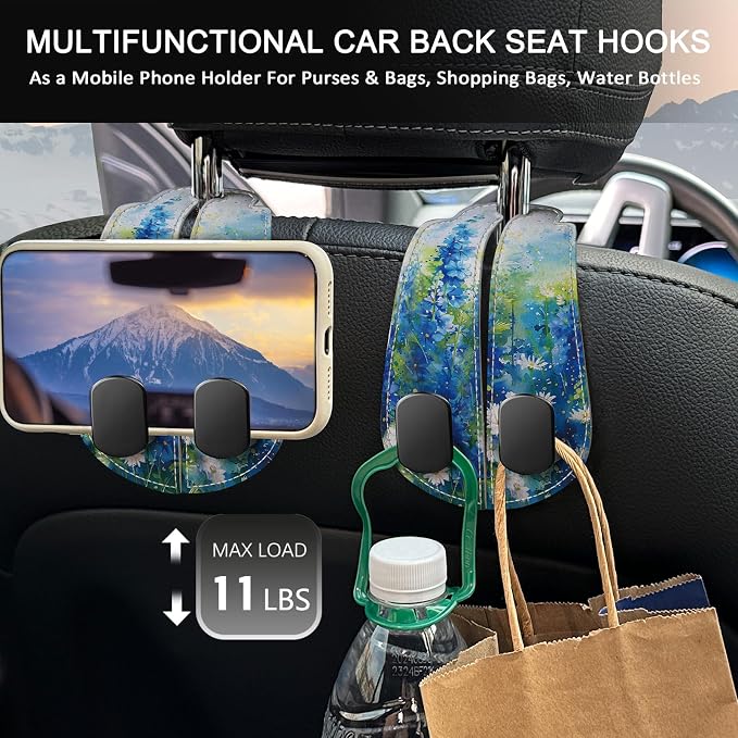 Blusabaca 2PCS Car Seat Headrest Hooks, Purses Bags Holder, Floral Blue | PU Leather, Double Metal Back Storage Hangers for Grocery Bags Handbags Bottles Coats Phones, Car Accessories Organization