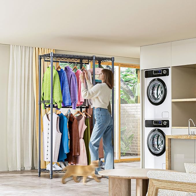 M MZG Heavy Duty Rolling Garment Rack 3 Tiers Adjustable Wire Shelving Clothes Rack with 3 Rods and Side Hooks,Storage Closet Clothing Rack Black 15.7" D x 43.3" W x 76.5" H