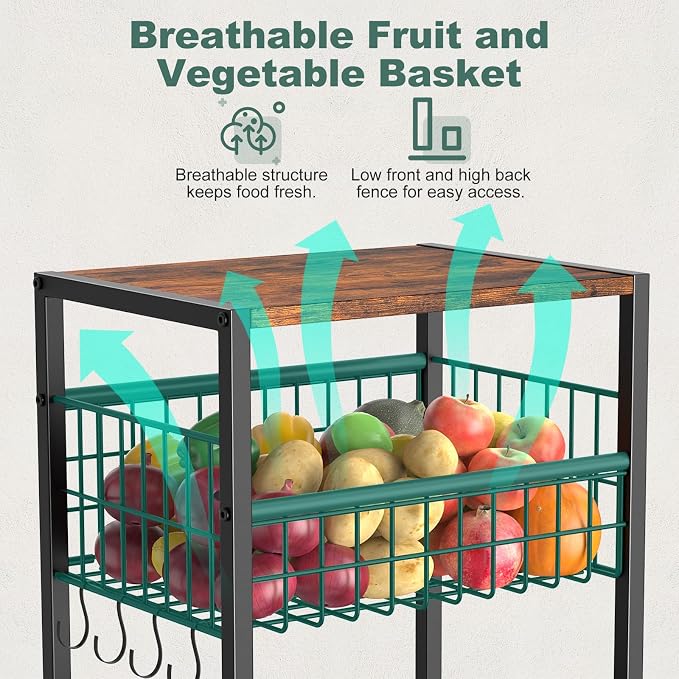 Housolution 5 Tier Kitchen Storage Cart with Fruit Basket Pot Lid Organizer | Versatile Storage, Pull-Out Cutting Board Rack, 4 Lockable Swivel Wheels, Wooden Top, for Kitchen, Pantry, Bathroom, Brown
