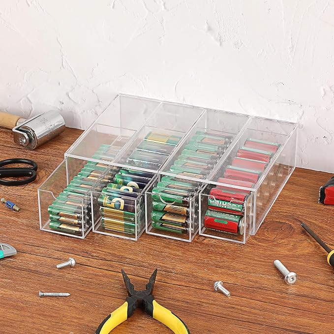 BTSKY Clear Acrylic Battery Storage Organizer for AA, AAA, 9V, C Batteries | 4-Drawer Storage Box Battery Holder Organizer for Common Types Batteries, Household Container, 1 Pack(Batteries Not Included)
