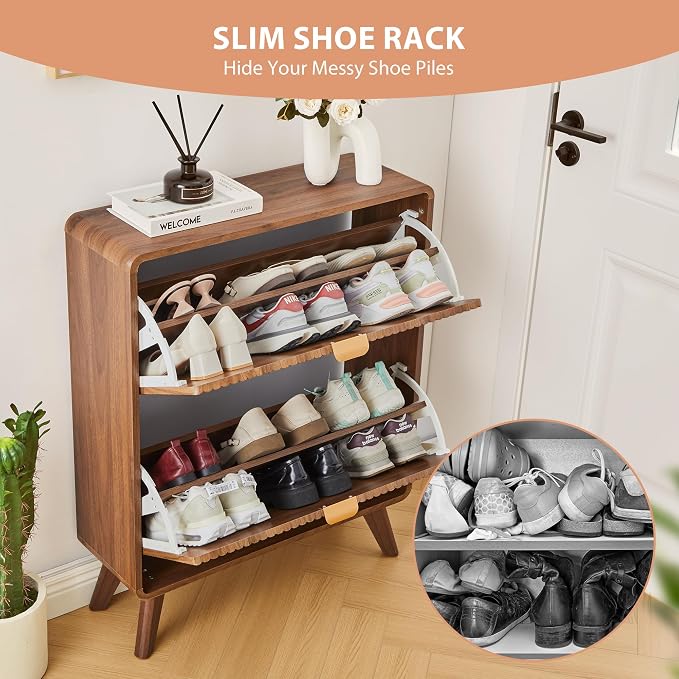 RARZOE Set of 2 Fluted Shoe Storage Cabinets for Entryway, Walnut | Narrow Curved Shoe Storage Cabinet with 2 Flip Drawers, Slim Shoe Rack Organizer for Foyer, Hallway, Fits Size 11 Shoes