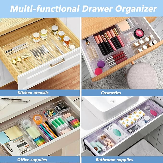 Clear Drawer Organizer Set, 4 Sizes Desk Drawer Divider Organizers Storage Bins for Bathroom,Kitchen,Office,Vanity Organizers Tray for Jewelry (27PACK)