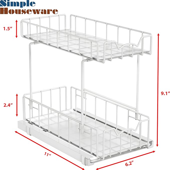 Simple Houseware 2-Tier Spice Rack Slide Out Wire Basket Drawer, White | 2-Tier Spice Rack Slide Out Wire Basket Drawer Organizer