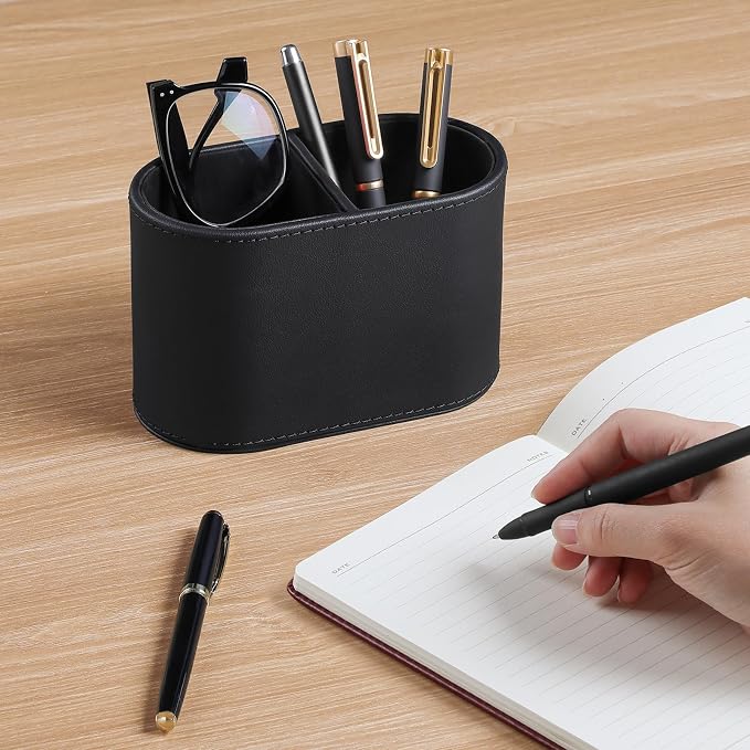 Pen Holder for Desk, Small Remote Control Holder, Black | 2-Compartment Oval Pencil Cup with Soft Velvet Lining, PU Leather Desktop Organizer Caddy for Home School Office Desk