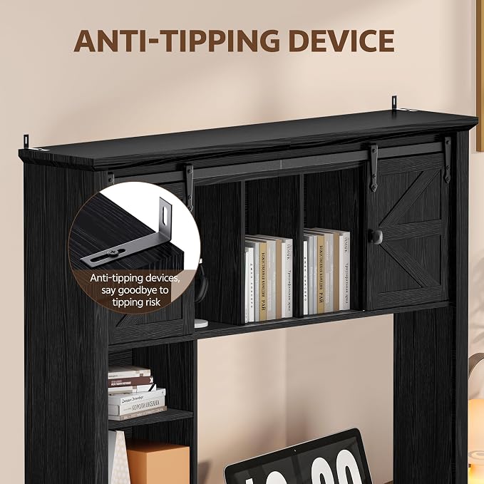 Large Desktop Bookshelf with Sliding Barn Door, 47.2''W Desk Shelf Display Rack, Desktop Organizer Storage Rack with 7 Cubbies and Drawer, Home, Desk Shelf for Office, Dorm, Vanity, Black