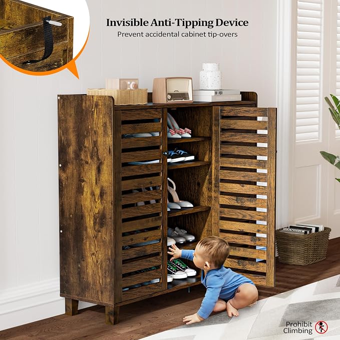 VINGLI Large Shoe Cabinet with 3 Doors 6-Tier Ultra Wide Shoe Cabinet Storage for Entryway 30 Pairs Tall Shoe Organizer Cabinet Wooden Farmhouse Shoe Rack Cabinet Rustic Brown