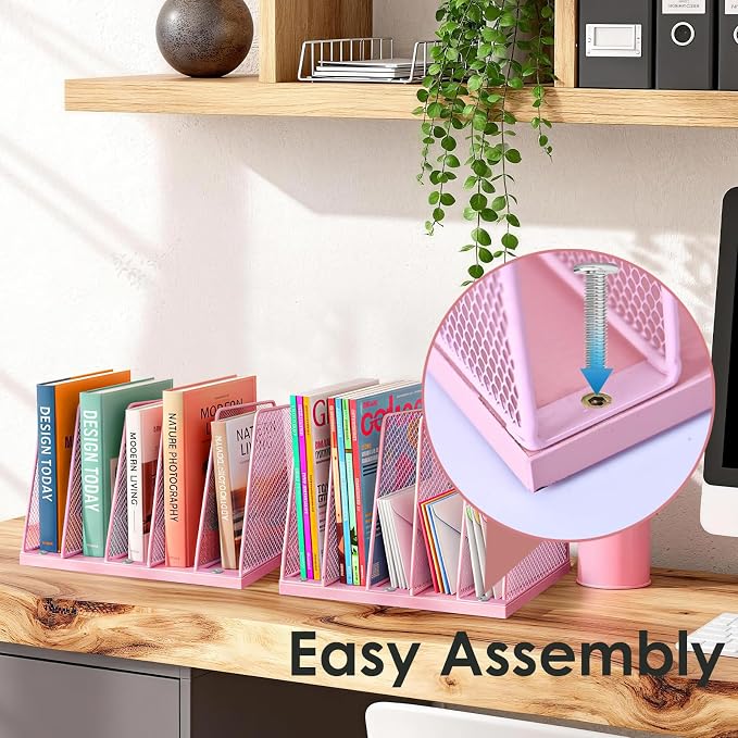 AUPSEN 5-Section File Organizer for Desk, Wood Mesh Desktop File Organizer, File Sorter Storage Rack, Vertical Folder Holder for Files, Magazines, Books (Pink)