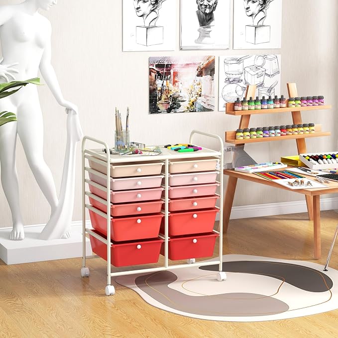 Moccha 12-Drawer Rolling Storage Cart - Utility Cart on Wheels with Lockable Casters for Craft Art Supply Paper Salon, Mobile Drawer Carts for Classroom Teacher School Office (Gradient Pink)
