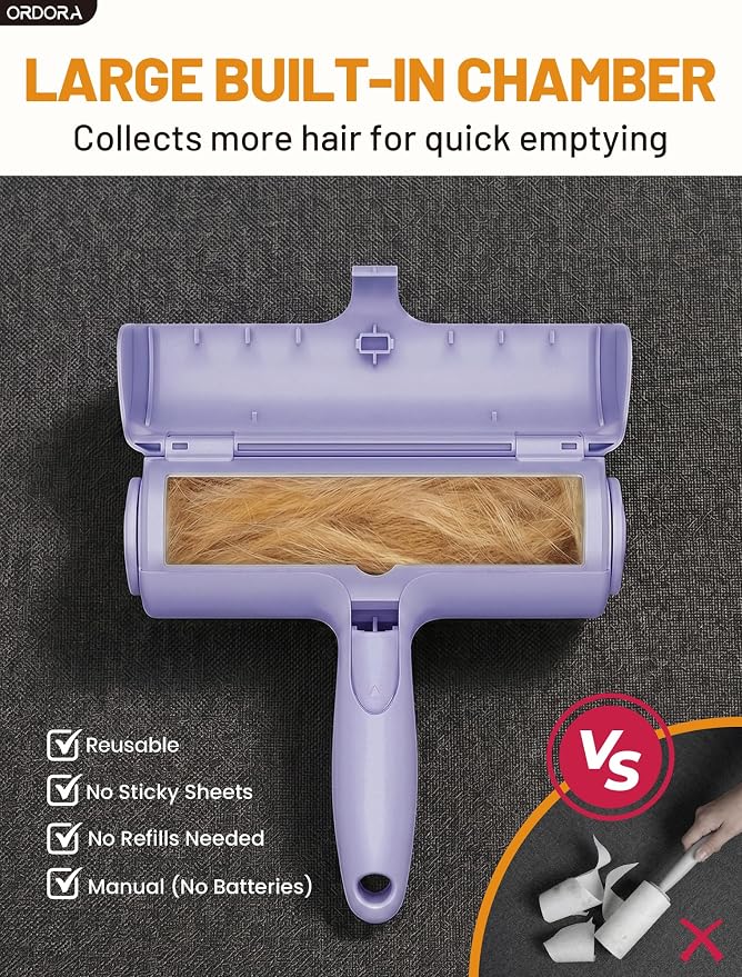 ORDORA Pet Hair Remover Roller, Reusable Lint Roller for Dog and Cat Hair | Portable Pet Hair Roller with Large Fur Bin for Couches, Bedding, Car, Rugs & Furniture, No Refills or Batteries, Pet Homes