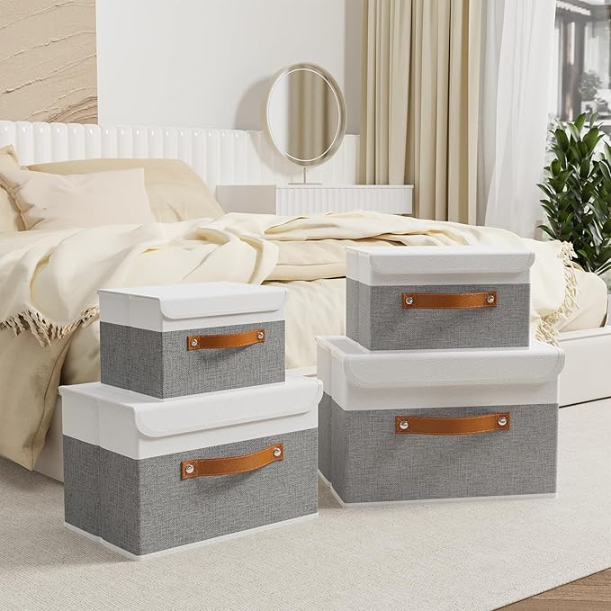 OUTBROS Storage Boxes, Collapsible Storage Bins with Lids, Cotton and linen cloth Storage Baskets with Handle, for Books, Closet, Bedroom, Home, 10.2x7.9x6.7 in, White/Grey