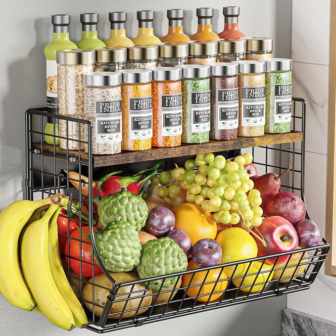 Magnetic Shelf for Fridge with Wood Lid, Fruit Potato and Onion Storage Bins, Pantry Organizers and Storage, Strong Magnetic Spice Rack for Refrigerator, Kitchen Counter and Laundry Room (X-Large)