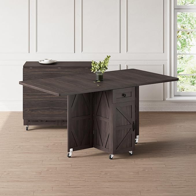 Jocoevol Folding Dining Table for Small Spaces, Space Saving Foldable Kitchen Table with Drawer & 2-Tier Storage Shelf, Rolling Expandable Dining Table with Wheels, Farmhouse, Dark Walnut