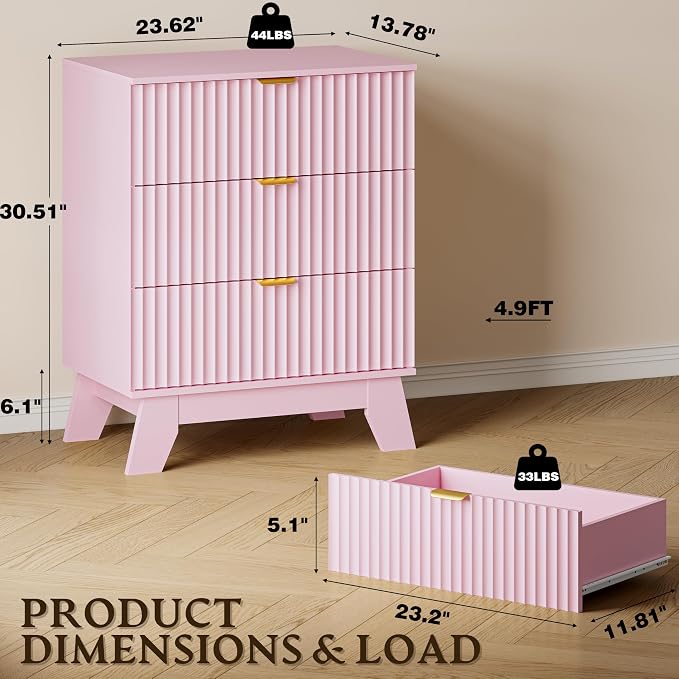 BORNOON Fluted 3 Drawer Dresser, 30.3" Tall Compact Modern Boho Chest of Drawers, Wooden Storage Cabinet for Bedroom, Living Room, Entryway, Curved Profile Design