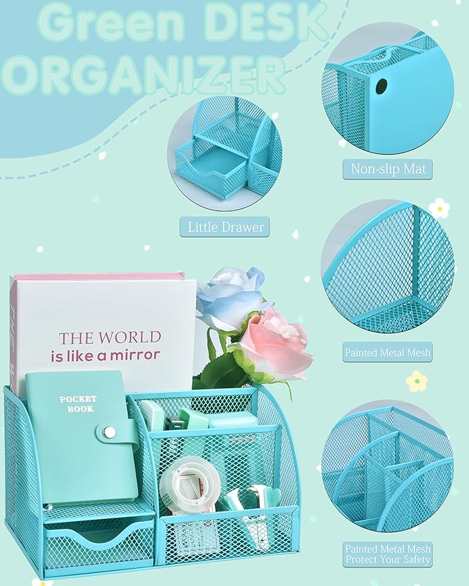 LXEVIHK Green and Blue Desk Accessories, 26Pcs Office Supplies and Desk Organizers, with Tape Dispenser, Stapler, Staple Remover, Ect,Christmas Gifts