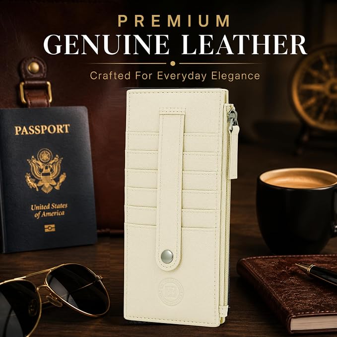 Leatherboss Genuine Leather Women's All in One Credit Business Card Case Holder Slim Zipper Wallet With a Card Protection Strap, Cream