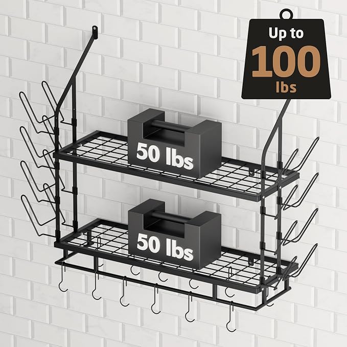 KES 30-Inch Pot Rack Wall Mounted, 8 Secure Lid Holders & 12 Sturdy Hooks | 2-Tier Kitchen Hanging Pot and Pan Organizer, Ample Storage for Tall Cookware, KUR215S75C-BK