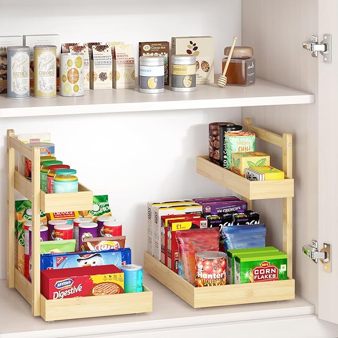 Under Sink Organizer - 2-Tier Pull Out Cabinet Organizer Vertical Slide Out Sink Shelf Storage Shelves for Multi-Purpose Bath Kitchen Bathroom Medicine (Nature, 2 Packs)