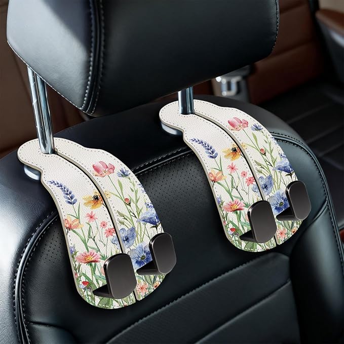Blusabaca 2PCS Car Seat Headrest Hooks, Purses Bags Holder, Vibrant Floral | PU Leather, Double Metal Back Storage Hangers for Grocery Bags Handbags Bottles Coats Phones, Car Accessories Organization