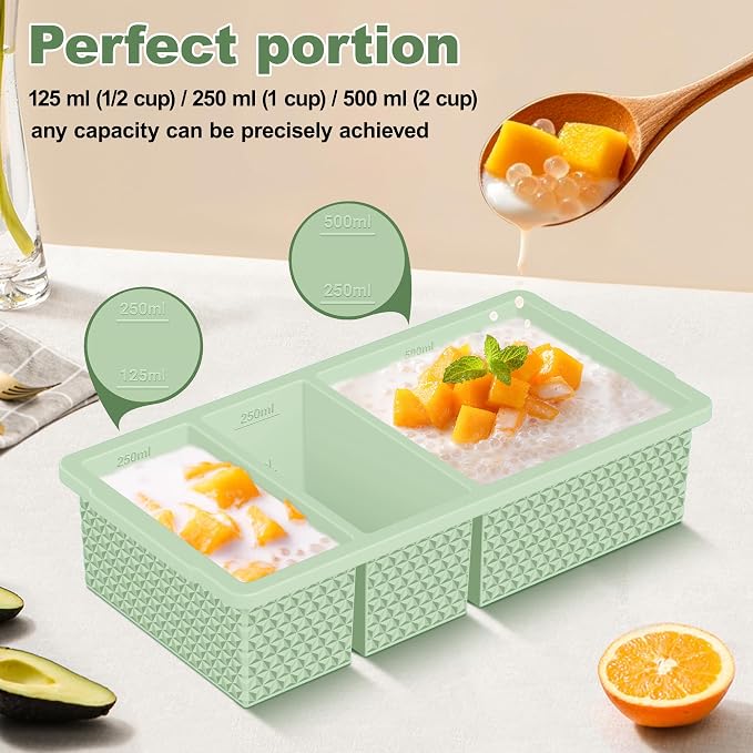 3 Pack - Silicone Freezer Trays with Lid, 1-Cup & 2 Cup Freezer Molds, Silicone Food Storage Containers for Meal Prep, Freezing Soup Sauce, Broth Leftovers