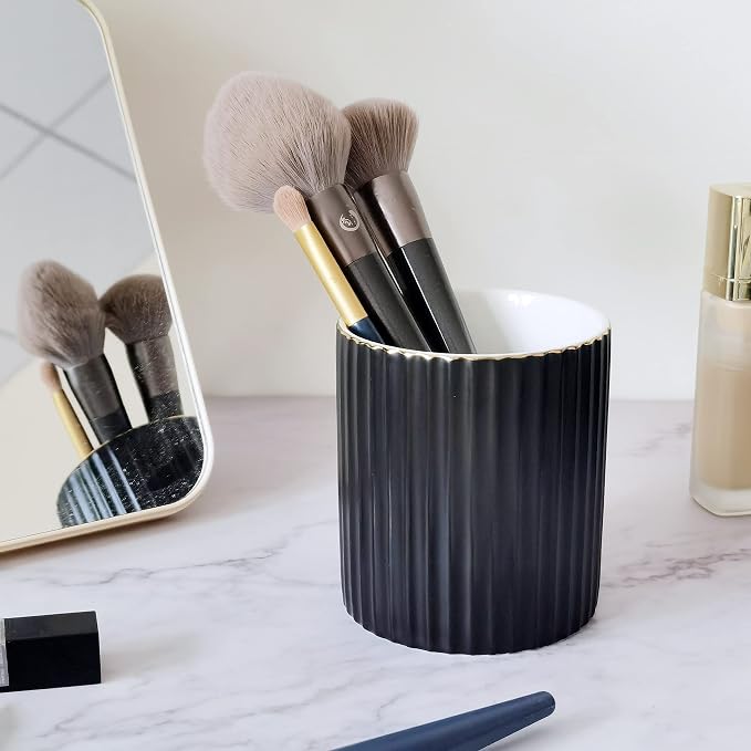 CROWNOS Pen Holder for Desk, Ceramic Pencil Cup Office Desk Organizer, Makeup Brush Holder, Black