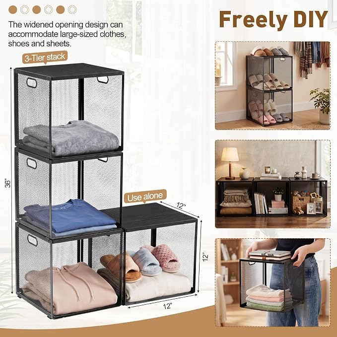 AceOrbit 3 Pcs Widened Stackable Closet Organizers and Storage with Wood Top Foldable Metal Cube Closet Shelf DIY Space Saving Linen Clothes Shoe Bed Sheet Bin for Wardrobe Bedroom(12"x12"x12", Black)