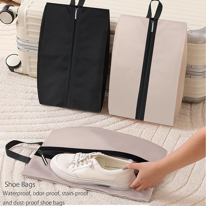 Shoe Bag for Travel, Waterproof Extra Large Shoe Storage Organizer with Handle, Multi-Functional Odor-Resistant Shoe Pouch for Gym, Soccer, Golf, Tennis Soccer Cleats Bag 16.5 x 9.8 Inches (Off white)